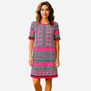 Eliza J Geometric Print Sheath Dress 12P – Pink Navy Red Tribal Pattern